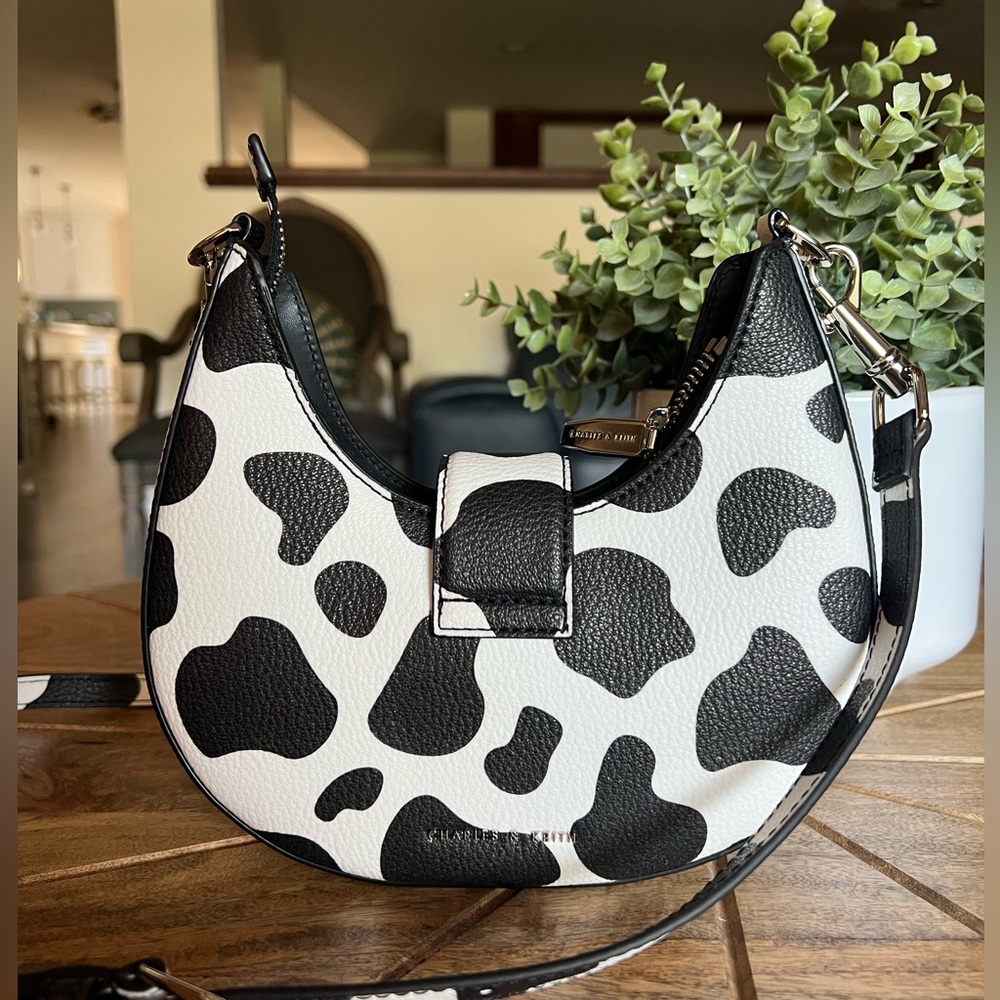 Black & White Animal Print Crescent Crossbody Bag